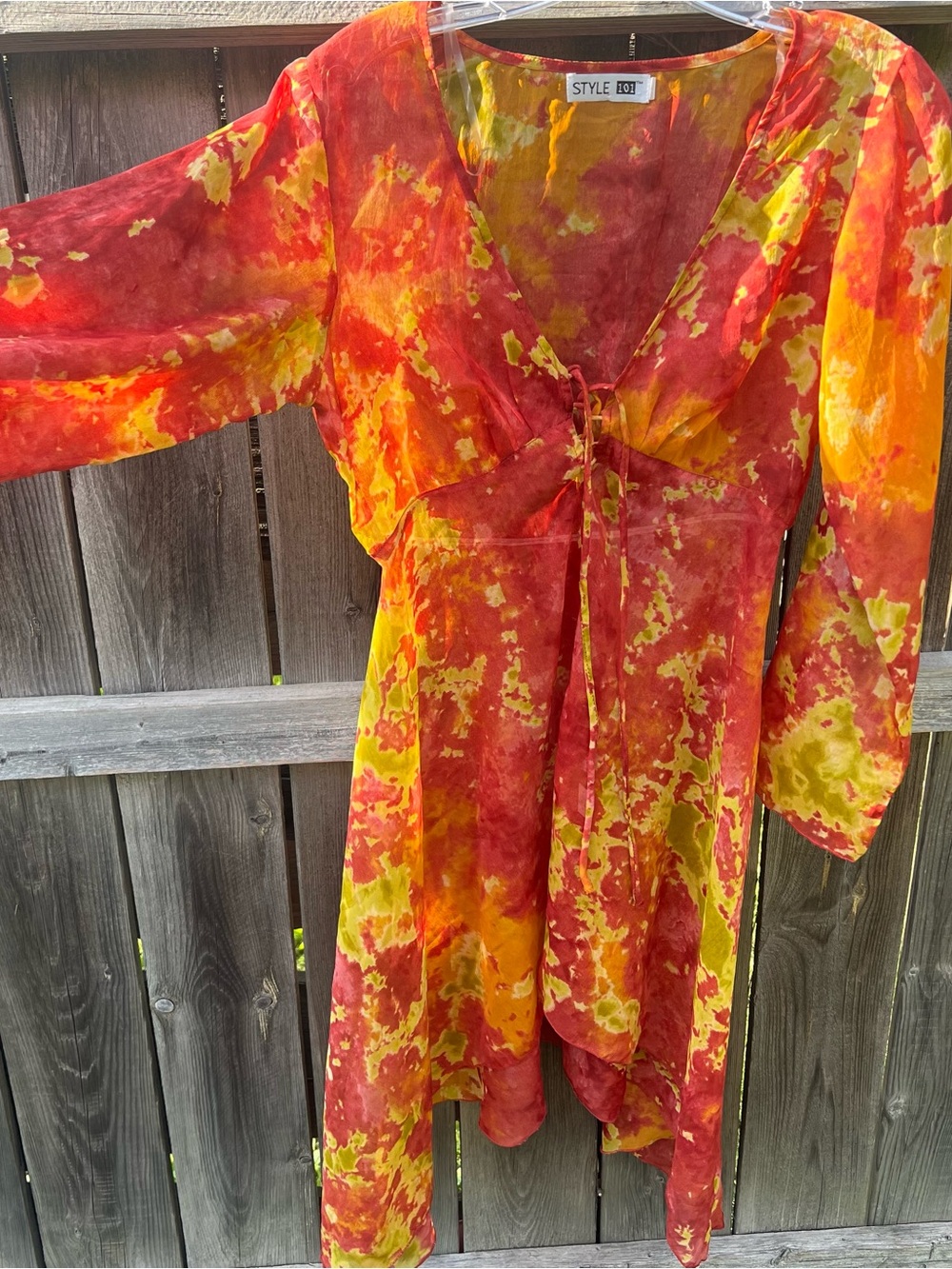 Tie-Front V-Neck Dress in Red, Orange & Yellow